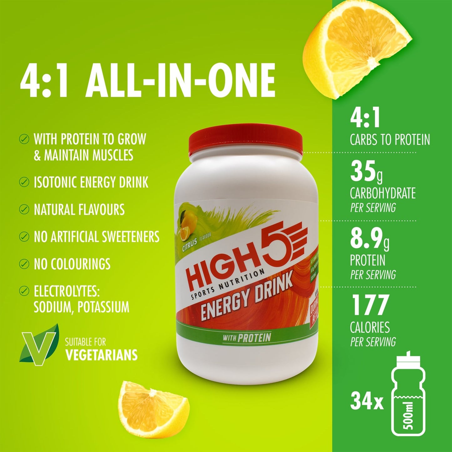Ενεργειακό ποτό HIGH5 ENERGY DRINK PROTEIN (1.6kg) Λεμόνι