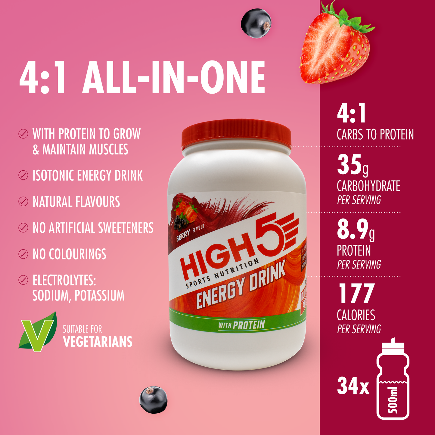 Ενεργειακό ποτό HIGH5 ENERGY DRINK PROTEIN (1.6kg) Κόκκινα φρούτα