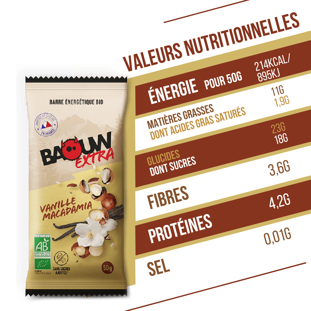 Μπάρα ενέργειας BAOUW ORGANIC EXTRA Vanilla-Macadamia (50g)