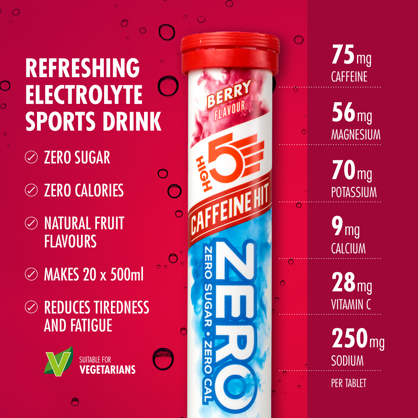 High5 ZERO Electrolyte Hydration με καφεΐνη (20 ταμπλέτες) Φρούτα Κόκκινο